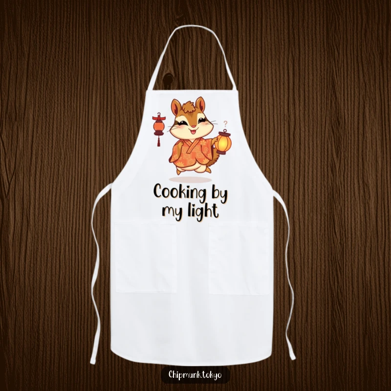 Funny apron with a chipmunk in an ornate kimono skipping with delight while holding a lantern, perfect for joyful kitchen activities.