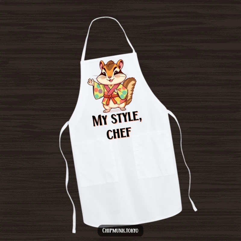 Funny chipmunk in a colorful kimono striking a playful pose, ready for kitchen duty on a humorous and practical apron.