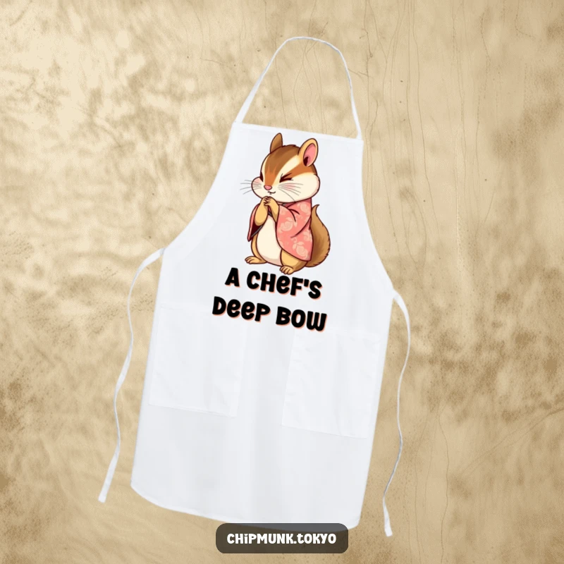 Funny apron with a chipmunk in a beautifully patterned kimono bowing gracefully with paws clasped, perfect for elegant kitchen tasks.