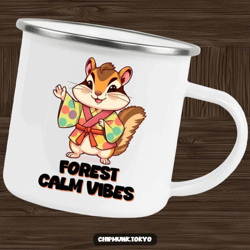 Funny chipmunk in a colorful kimono, striking a playful pose, perfect for a humorous camping mug during outdoor adventures.