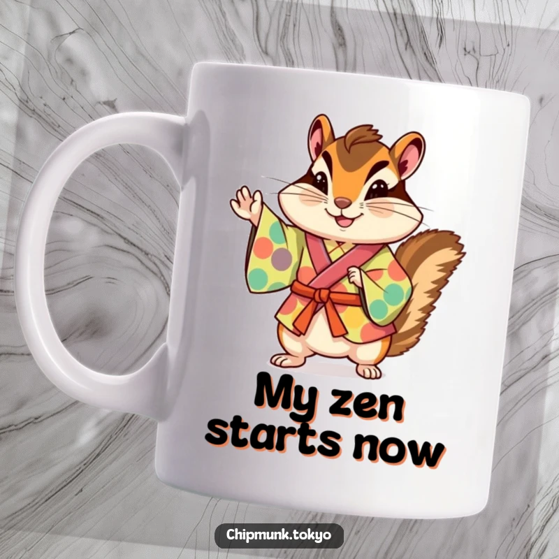 Funny chipmunk in a colorful kimono striking a playful pose with one paw raised, ready for a hilarious morning coffee.