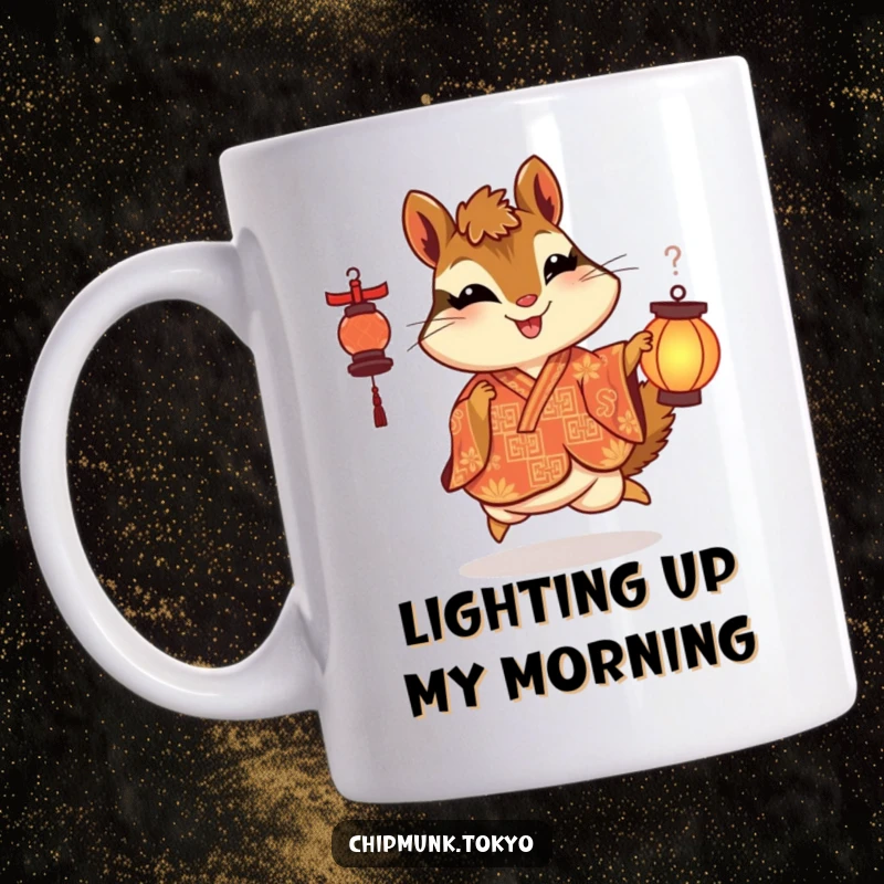 Funny mug featuring a chipmunk in an ornate kimono skipping with delight while holding a lantern, symbolizing joy and guidance.