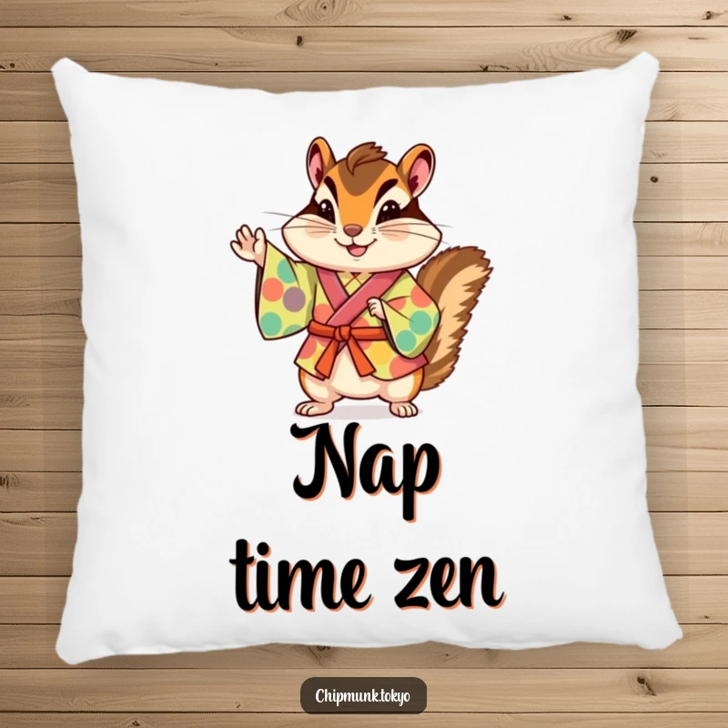 Funny chipmunk in a colorful kimono striking a playful pose, offering comfort and humor on a decorative throw pillow.