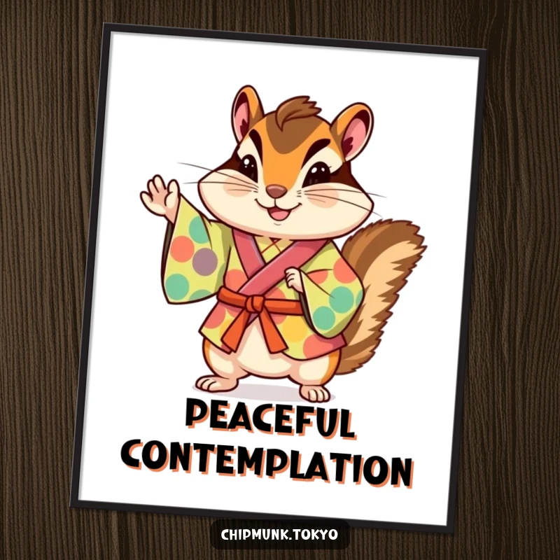 Funny chipmunk in a colorful kimono striking a playful pose, available as a downloadable digital art print for humorous decor.