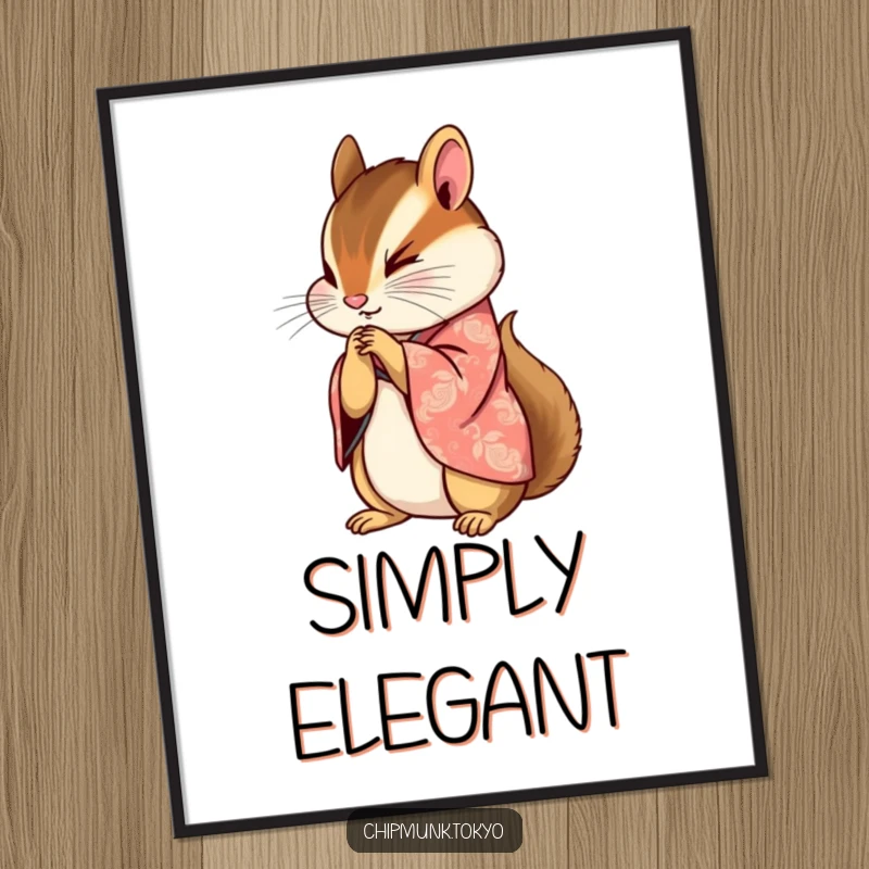 Funny digital art print of a chipmunk in a beautifully patterned kimono bowing gracefully with paws clasped, showcasing elegance and humor.