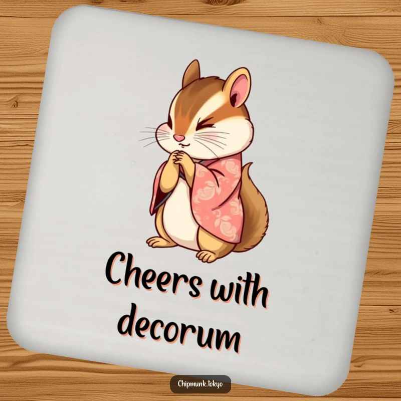 Funny drink coaster with a chipmunk in a beautifully patterned kimono bowing gracefully with paws clasped, protecting surfaces with charm.