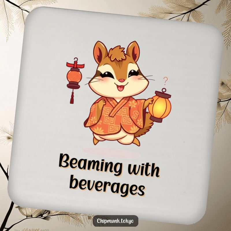Funny drink coaster with a chipmunk in an ornate kimono skipping with delight while holding a lantern, protecting surfaces with cheer.