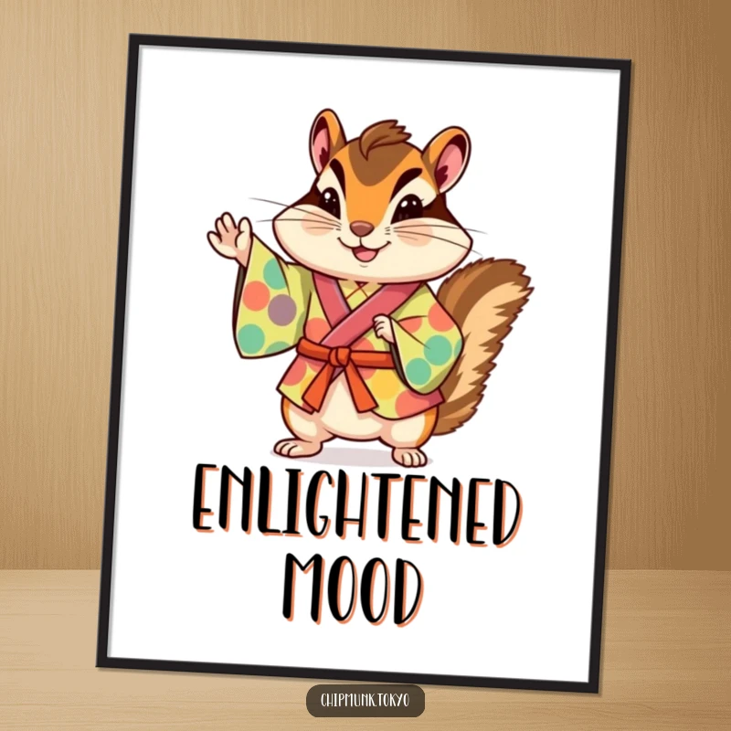 Funny chipmunk in a colorful kimono striking a playful pose, a vibrant and humorous art print for wall decoration.