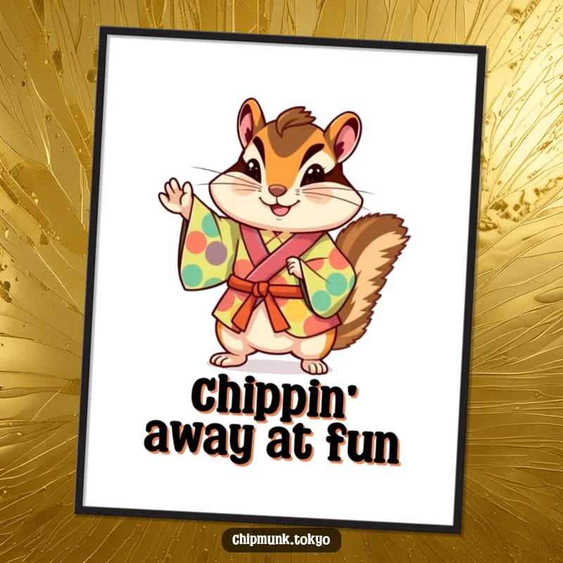 Funny Free Printable Wall Art: A chipmunk dressed in a colorful kimono, striking a fun, energetic pose.