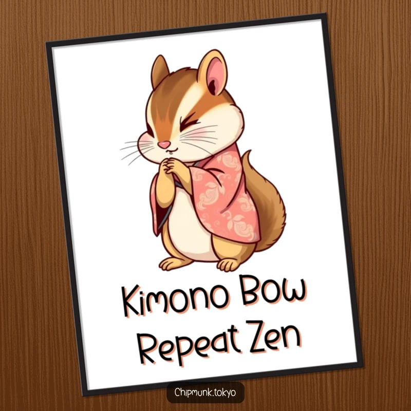 Funny Free Printable Wall Art: Chipmunk in a patterned kimono bowing gracefully, paws clasped, a downloadable elegant illustration.