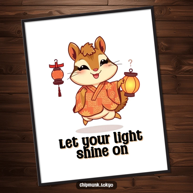 Funny Free Printable Wall Art: Chipmunk in an ornate kimono skipping with delight holding a lantern, a downloadable joyful illustration.