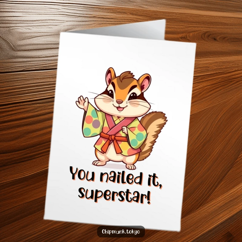 Funny Free Printable Congratulations Card: A chipmunk in a colorful kimono striking a celebratory pose with a paw raised.
