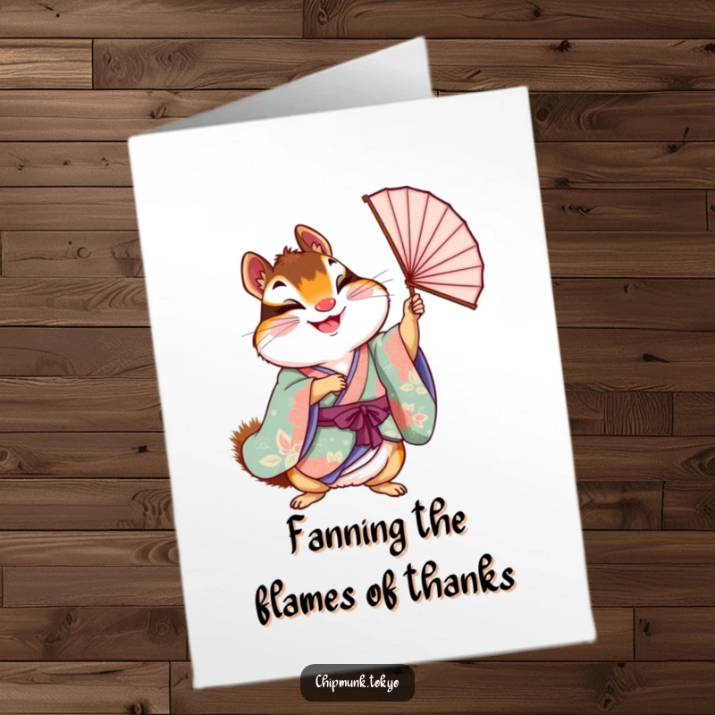 Funny Free Printable Thank You Card: Chipmunk in kimono joyfully holding aloft a delicate fan, expressing thanks.