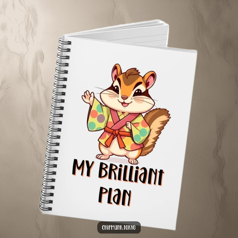 Funny chipmunk in traditional Japanese kimono striking a playful pose, on the cover of a humorous notebook for writing.