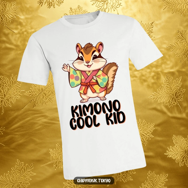 Funny chipmunk wearing a colorful kimono, striking a playful pose with one paw up, on a comfortable and humorous t-shirt.