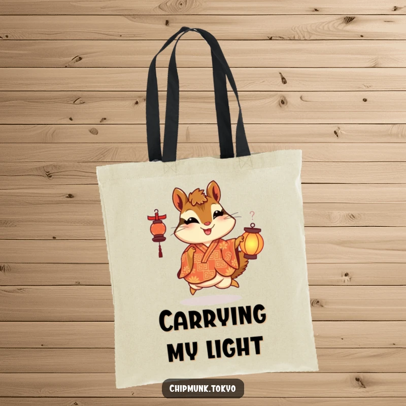 Funny tote bag with a chipmunk in an ornate kimono skipping with delight while holding a lantern, perfect for carrying daily items.
