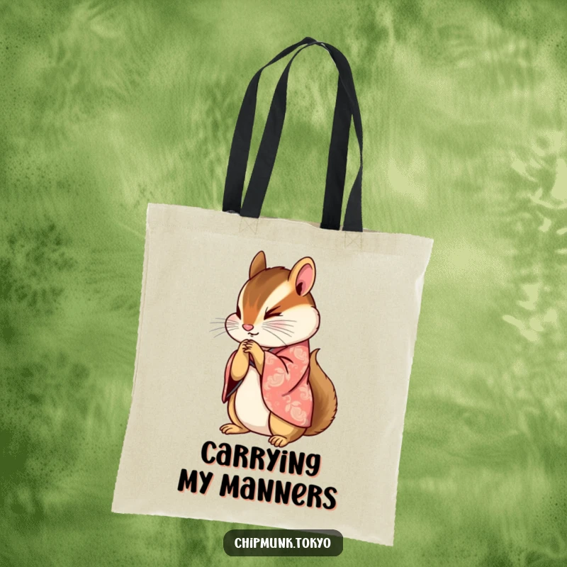 Funny tote bag with a chipmunk in a beautifully patterned kimono bowing gracefully with paws clasped, perfect for carrying everyday items.